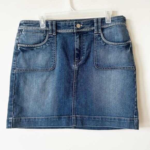 White House Black Market Jean Skirt Denim Mini Size 12 A-Line Classic Dark Wash - Picture 1 of 7
